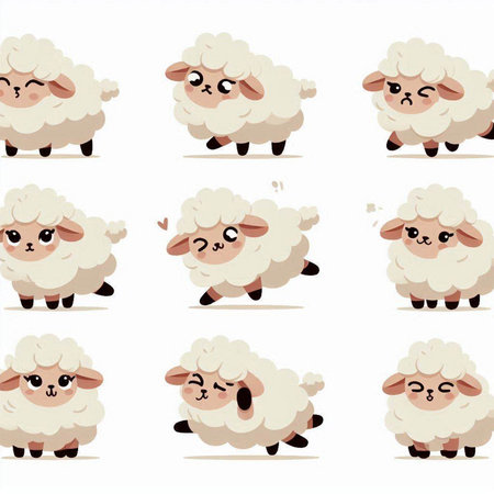Set of cute cartoon sheeps in different poses. Vector illustration.のイラスト素材