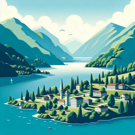 Landscape of Lake Lucerne, Switzerland. Vector illustration.のイラスト素材