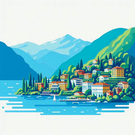 Lake Como, Italy. Landscape with mountains and lake. Vector illustration.のイラスト素材