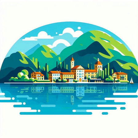Vector illustration of Lake Como, Italy. Landscape with mountains and lake.のイラスト素材