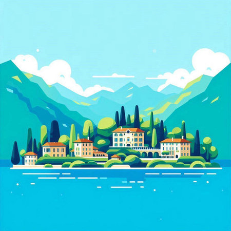 Landscape of Lake Maggiore, Italy. Vector illustration.のイラスト素材