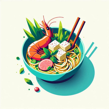 Noodle soup with shrimp and vegetables in bowl. Vector illustration.のイラスト素材