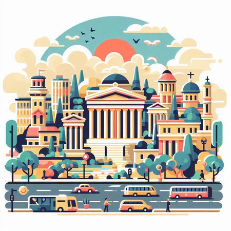 Cityscape with famous buildings. Vector illustration in flat cartoon style.のイラスト素材