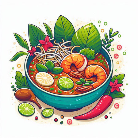 Illustration of a bowl of spicy tom yum soup with prawnsのイラスト素材