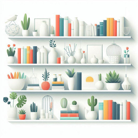 Shelves with books and decorations. Vector illustration in flat styleのイラスト素材