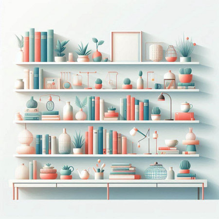 White bookshelf with books and decorations. 3d illustration.のイラスト素材