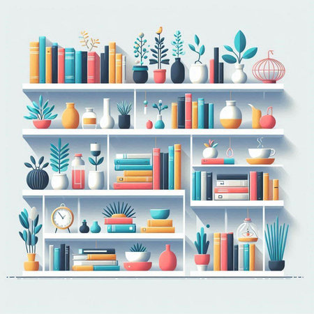 Vector illustration of bookshelves with books, vases and plants.のイラスト素材