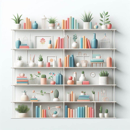 White bookshelves with decorative elements. Vector illustration. Eps 10.のイラスト素材