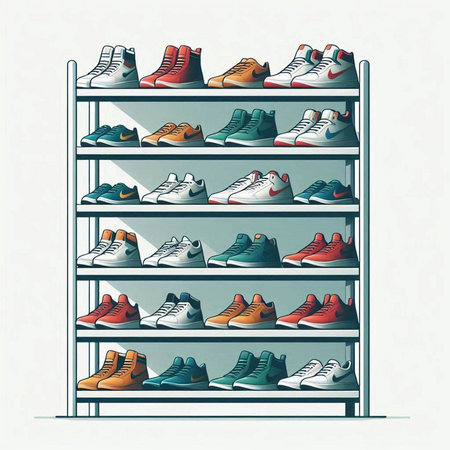 Shelving with different types of shoes in store. Vector illustration.のイラスト素材