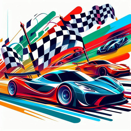 Race car background with checkered flags and racing cars. Vector illustration.のイラスト素材