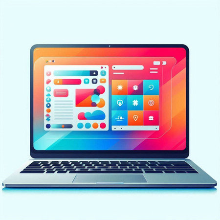 Modern laptop with colorful application icons on the screen. Vector illustration.のイラスト素材