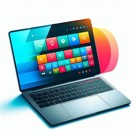 Laptop with colorful application icons isolated on white background. 3D illustration.のイラスト素材