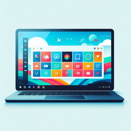 laptop with colorful application icons on the screen, vector illustration.のイラスト素材
