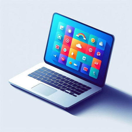Laptop with application icons on the screen. 3D illustration.のイラスト素材