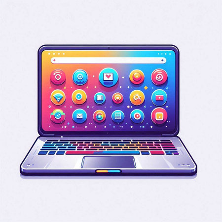 Laptop computer with social media icons on screen. Vector illustration.のイラスト素材