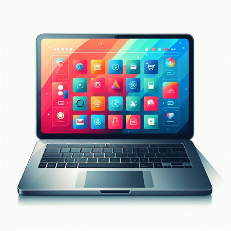 Laptop with colorful application icons isolated on white background. Vector illustration.のイラスト素材
