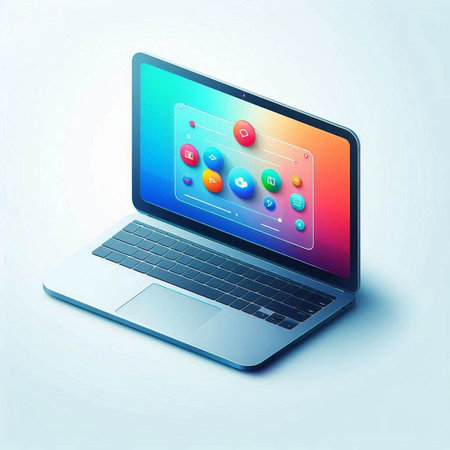 Laptop with colorful application icons on the screen. Vector illustration.のイラスト素材