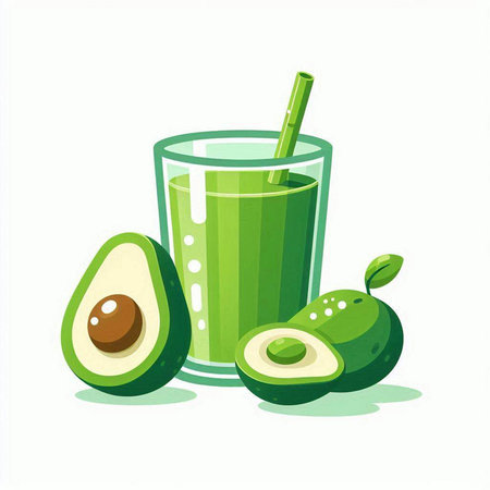 Avocado juice in a glass with a straw. Vector illustration.のイラスト素材