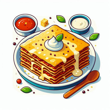 Illustration of a stack of pancakes with sour cream, honey and maple syrupのイラスト素材