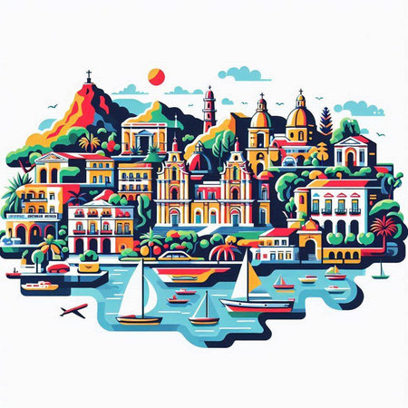 Cityscape of the island of Como, Italy. Vector illustrationのイラスト素材