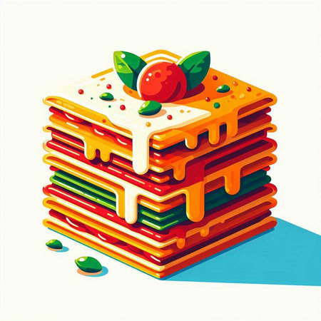 Stack of colorful pancakes with strawberry and mint on white background. Vector illustration.のイラスト素材