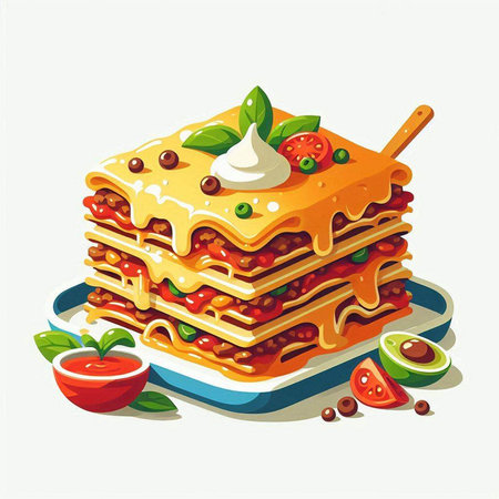 Illustration of a stack of lasagna with tomato sauce and sour creamのイラスト素材