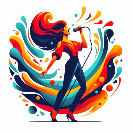 Vector illustration of a beautiful girl singing with a microphone on a colorful backgroundのイラスト素材