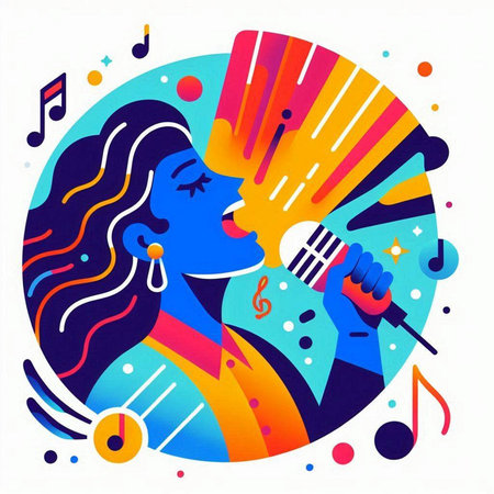 Illustration of a girl singing with a microphone on a colorful backgroundのイラスト素材