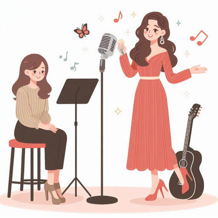 Vector illustration of a singer with a microphone and a singer with a guitarのイラスト素材