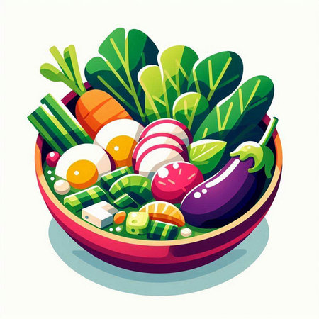 Vector illustration of fresh vegetables in a bowl isolated on white background.のイラスト素材