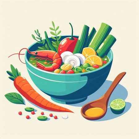 Vegetable salad with shrimps, leek, cucumber, lemon, onion, pepper, celery. Vector illustrationのイラスト素材