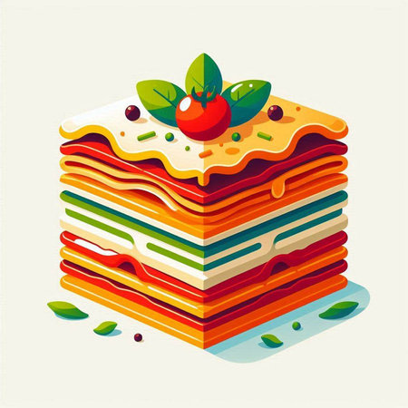 Stack of layered lasagna with berries and mint leaves. Vector illustration.のイラスト素材