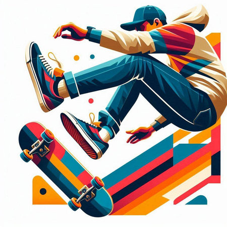 Skateboarder in sportswear with skateboard. Vector illustrationのイラスト素材