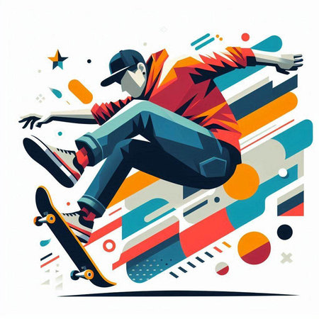 Vector illustration of a skateboarder in motion on colorful background.のイラスト素材