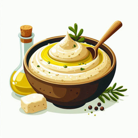 Illustration of a bowl of hummus with olive oil and spicesのイラスト素材