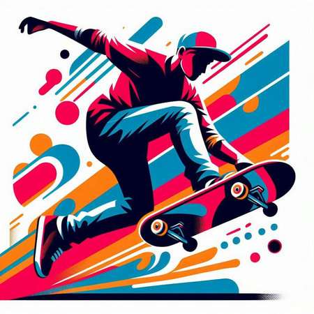 Vector illustration of a skateboarder riding a skateboard on colorful backgroundのイラスト素材