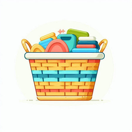 Wicker basket with cleaning products. Vector illustration in cartoon style.のイラスト素材