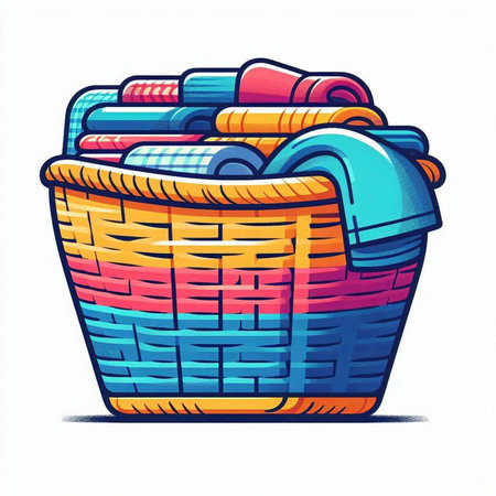 Laundry basket with towels. Vector illustration of a basket with clothes.のイラスト素材