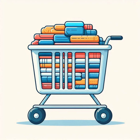 Shopping cart full of clothes. Vector illustration in cartoon style.のイラスト素材