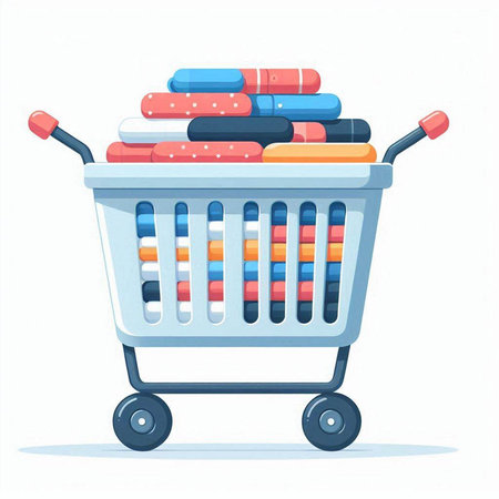 Shopping cart full of colorful clothes. Vector illustration in cartoon styleのイラスト素材