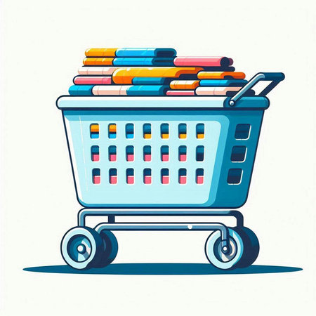 Shopping cart with books and pencils. Vector illustration in cartoon style.のイラスト素材