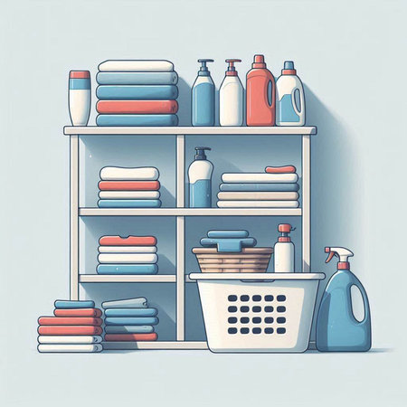 Shelves with cleaning products and cleaning tools. Vector illustration.のイラスト素材