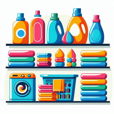 Laundry and cleaning products on a shelf. Vector illustration.のイラスト素材