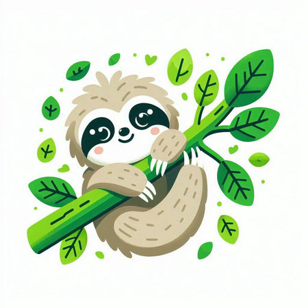 Cute cartoon sloth hanging on a tree branch. Vector illustration.のイラスト素材