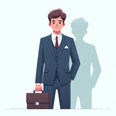 Businessman standing with briefcase and shadow of the boss. Vector illustration.のイラスト素材