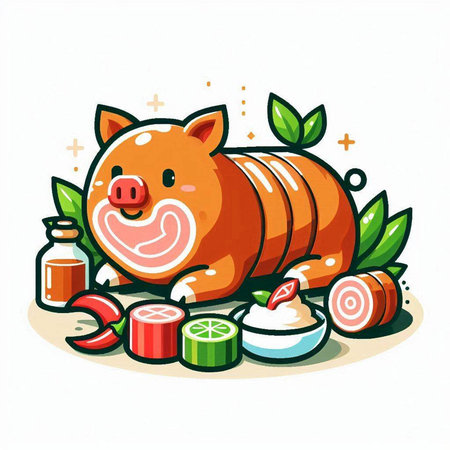 Cute pig with vegetables and spices on white background. Vector illustration.のイラスト素材