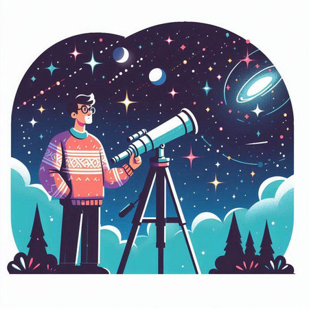 Astronaut with telescope in the night sky. Vector illustration.のイラスト素材