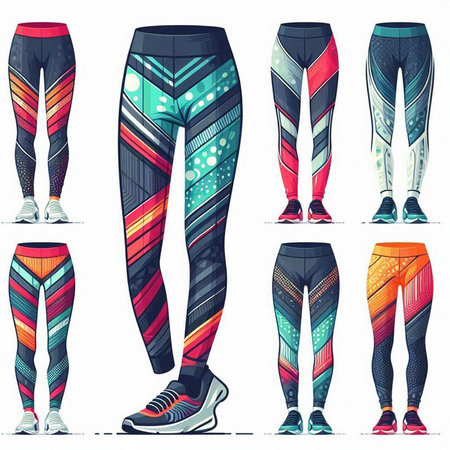 Set of sportswear vector illustration. Colorful leggings, pants, sneakers.のイラスト素材