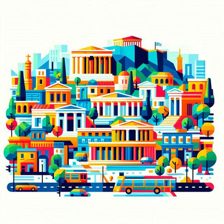 Cityscape of Athens, Greece. Vector illustration in flat style.のイラスト素材