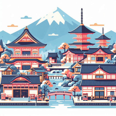 Landscape with traditional japanese buildings. Vector illustration in flat style.のイラスト素材